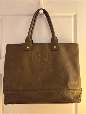 Tory Burch Olive Green Vintage Distressed Leather Clayton Tote (gold hardware)